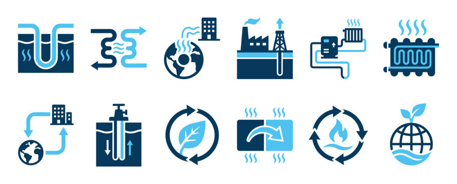Geothermal energy and heat pump icon set showing renewable power sources, eco-friendly technology, and sustainable heating and cooling systems in a flat, two-tone blue vector style