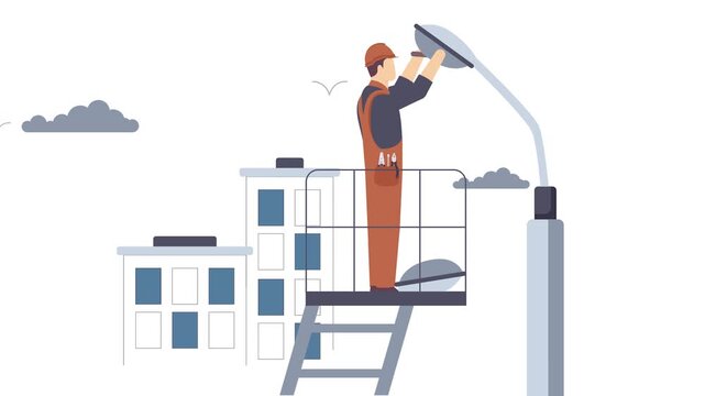 municipality technician maintain streetlights on boom trucks animation, Lineworkers Fixing animated video, Electrician Profession Clip Low High Voltage Power Supply footage Handyman Repairman motion