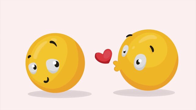 Two yellow, round emoji faces with blushing cheeks share a warm heart; a tiny red heart. Very sweet, Valentine's Day, Happy valentine's day, valentine card, valentine day heart animated background