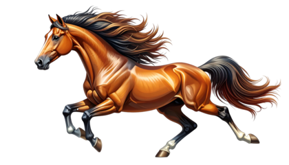 A vibrant, detailed illustration of a muscular, chestnut horse in full gallop on a black background