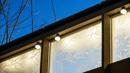 A modern house with frosted windows and lights on a clear blue evening