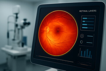 Ophthalmic retinal scan visualization on digital screen for specialized vision care clinics and biotechnology medical equipment sales