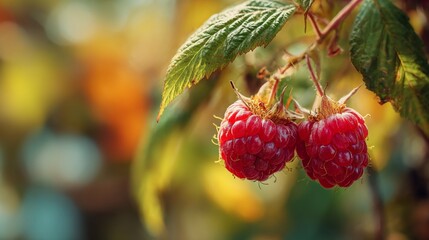 Two ripe raspberries hang from a branch, bokeh background