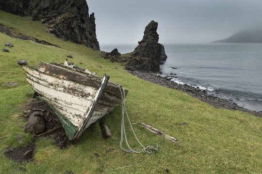 Old boat, coast with fairy, Nor&eth;urfj&ouml;r&eth;ur, Strandir, &Aacute;rnes, Westfjords, Iceland