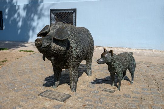 Bronze statues of a old breed Mangulica pig and the dog breed Pulin