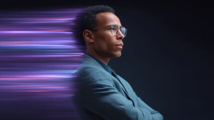 Portrait of a Thoughtful Man with Glasses in a Modern Style Background Featuring Dynamic Light Elements and a Professional Appearance