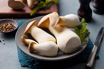 Fresh king oyster mushrooms on dark plate. Elegant food styling, pine garnish. Grey background. Close up.