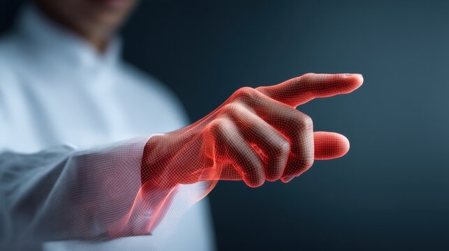 Human hand reaching out with a digital holographic effect, symbolizing technology, innovation, and connectivity in a modern digital landscape - Powered by Adobe