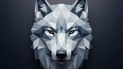 A majestic geometric low-polygon wolf head, composed of triangles and hexagons in shades of grey and blue.