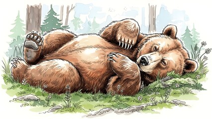 A sleepy brown bear sprawled on its back, in a soft watercolor and ink style with gentle, blurry edges.