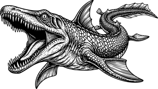 Detailed woodcut illustration of a ferocious Mosasaurus in black
