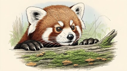 Illustration of Curious Red Panda Cub Peeking Over Log