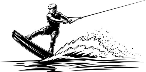Fototapeta premium Black and white illustration of a man wakeboarding on the water 
