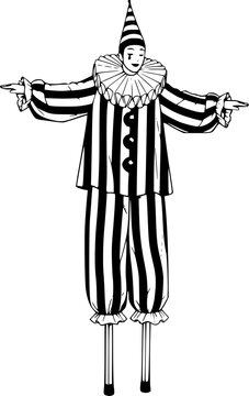 Black and white illustration of a pierrot character on stilts ho

