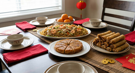 Festive Chinese New Year dinner table with traditional dishes and red decorations