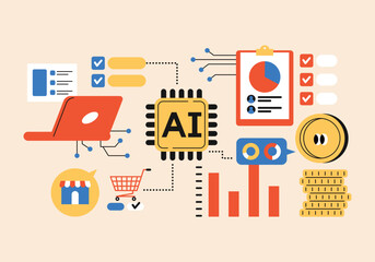 AI-Powered Business Analytics and E-commerce Solutions. Cute and simple style illustration. Automation of business processes. Programs that can handle everything from marketing to customer management 