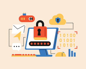 Online Security and Data Protection Concept. Enhanced security. Cloud storage enhances personal information security. Cute and simple style illustration.