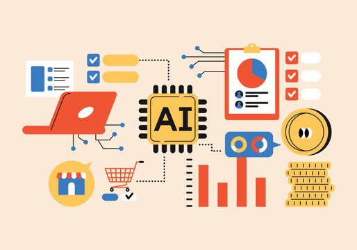 AI-Powered Business Analytics and E-commerce Solutions. Cute and simple style illustration. Automation of business processes. Programs that can handle everything from marketing to customer management 