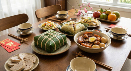 Traditional Vietnamese Tet holiday feast with banh chung and braised pork with eggs