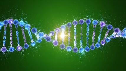 A DNA double helix structure with glowing blue and purple nucleotides against a green background
