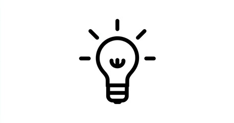 Black outline of a lightbulb radiating light, representing ideas and innovation on white