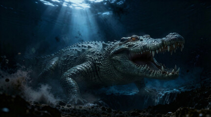 Large crocodile swims in dark water, sunlight dapples through surface, creating an otherworldly atmosphere in a lake scene