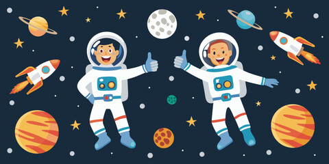 Astronauts in space with planets stars and rockets a cosmic adventure © Roni