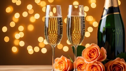 Celebratory toast with champagne and roses
