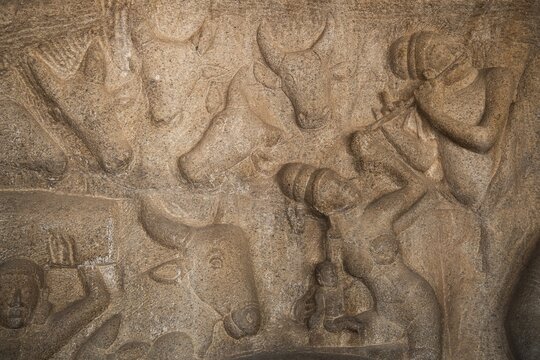 Bas-relief, detail, UNESCO World Heritage Site, Mahabalipuram or Mamallapuram, Tamil Nadu, India