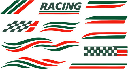 Set of racing-themed vector graphics with bold stripes, checkered patterns, wave accents, and &ldquo;RACING&rdquo; text, ideal for motorsport branding, vehicle decals, and speed-inspired design projects.