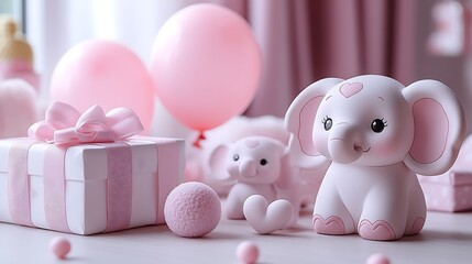 Sweet baby elephant toy with a gift box and balloons surrounded by fuzzy pink balls