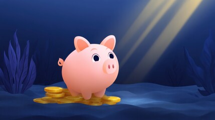 Cute cartoon piggy bank surrounded by shiny coins in an underwater scene illuminated by soft beams of light, symbolizing savings and financial prosperity