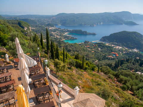 Panoramic view Bella Vista Viewpoint of the resort town of Paleokastritsa, Corfu, Greece