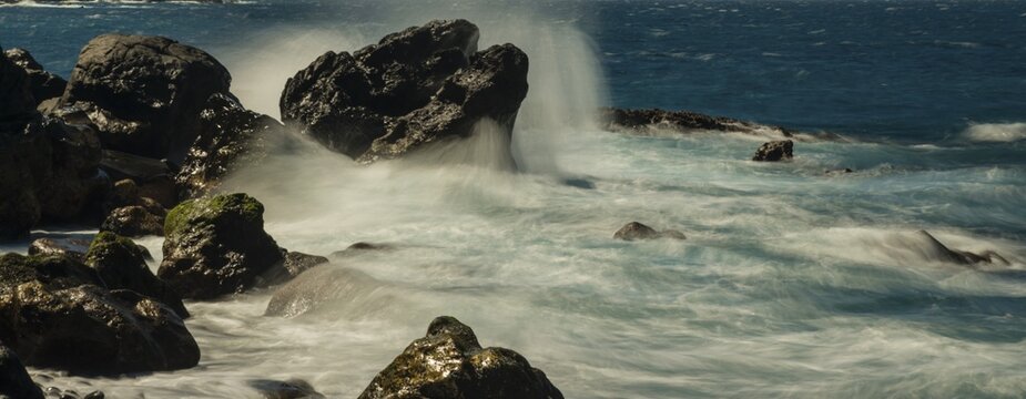 Surf, lava rocks, west coast, Adeje, Tenerife, Canary Islands, Spain
