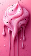 Swirled pink whipped cream or frosting melts with dark speckles dripping down a fuchsia surface