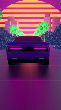 Looping Motion Video SynthWave Background of Landscape Palm Trees Car Loop. Hipster game 80's cyber futuristic motion graphics. Oldschool landscape animation with sun n mountains. Laser cyber world.