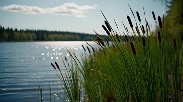 Tall cattails stand proudly along the sun-dappled shore of a calm lake under a bright blue sky with wispy clouds.