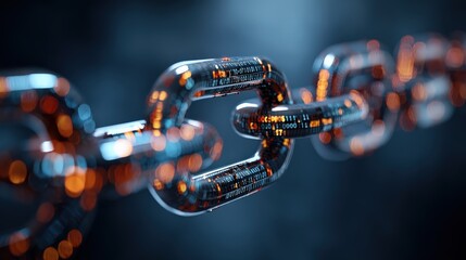 A close-up of a futuristic digital chain link, illuminated with binary code and glowing elements, symbolizing connectivity and technology.