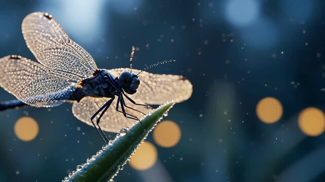 Closeup of dragonfly resting on dewy plant stem with detailed wings and natural lighting insect nature