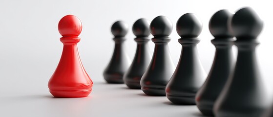 A red pawn stands out among a row of black pawns, symbolizing individuality and strategy in a chess-like setting.
