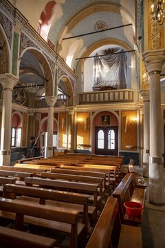 Interior view of the Basilica of San Giorgio in Ano Syros, nave with pews and organ, Ano Syros, Syros, Cyclades, Greece