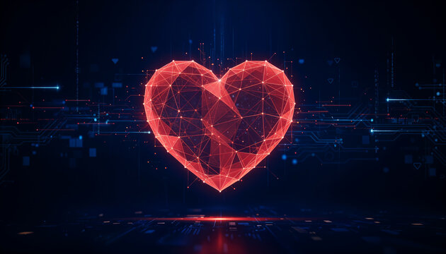 Red heart shape made of glowing lines in dark tech background