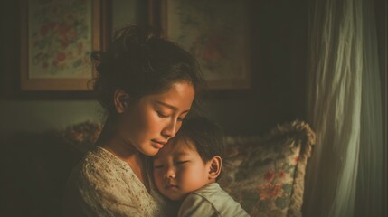 Tender Moment Between Mother and Child in Soft, Warm Lighting