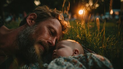 Tender Moment Between Father and Baby at Sunset in Nature