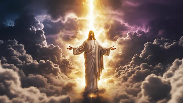 Jesus Christ ascending through heavenly clouds, enveloped in divine light, spiritual concept of ascension and hope