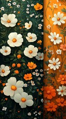 Two distinctive vertical panels showcasing abundant white and orange flowers with rich green foliage