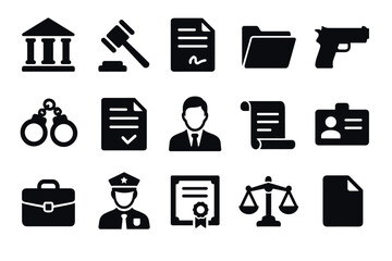 Legal and justice icons set featuring court, police, and document symbols