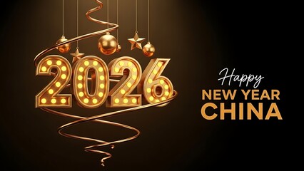 Golden new year 2026 celebration with illuminated numbers ribbons and festive china greetings presented on a dark backdrop