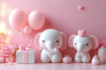 Two sweet white elephant figurines sit together with pink balloons and pretty floral decor