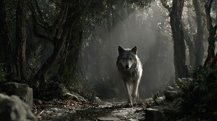 A lone wolf walks through a shadowy forest, illuminated by soft light filtering through the trees, creating a mysterious atmosphere.